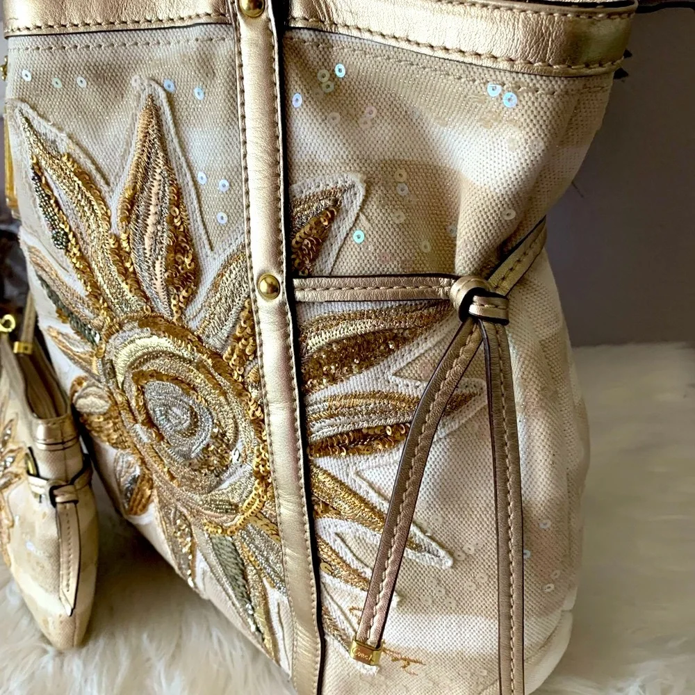 Coach Gold & Cream Floral Sequin Tote with Wristlet